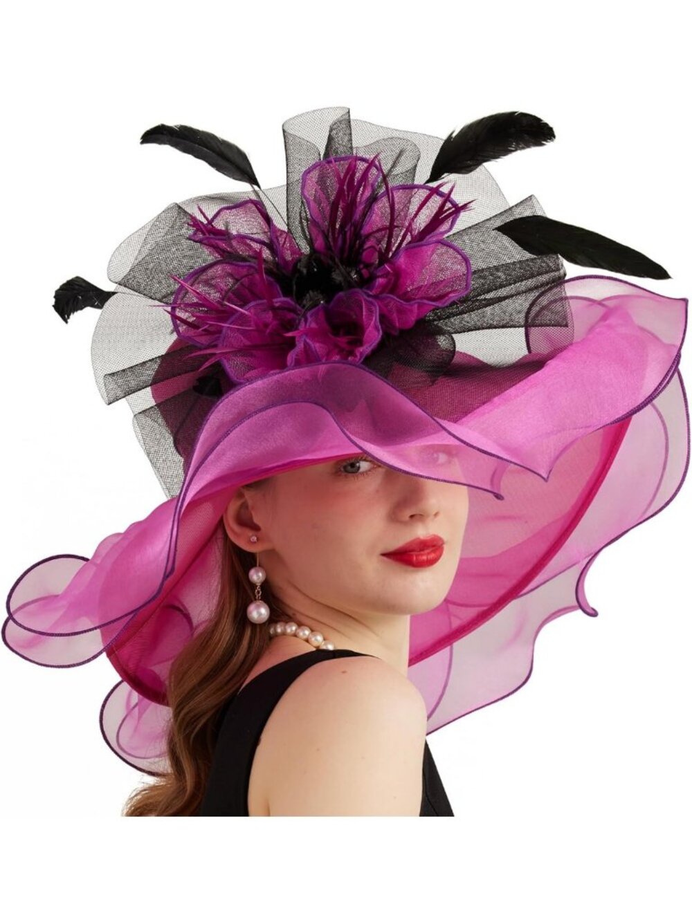 Elegant Wide Brim Organza Church Derby Hat with Detachable Flower for Weddings